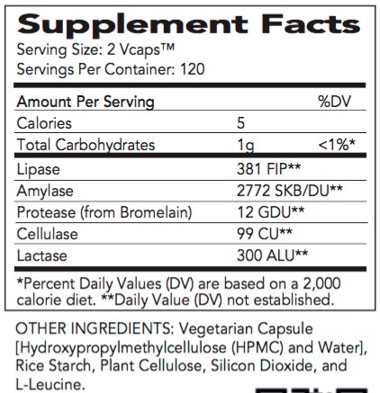 Supplement Facts chart from Nature's Sources AbsorbAid Digestive Support product label