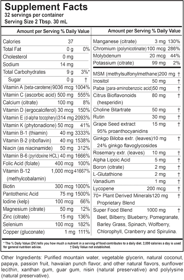 Supplement Facts chart from Buried Treasure Active 55 product label