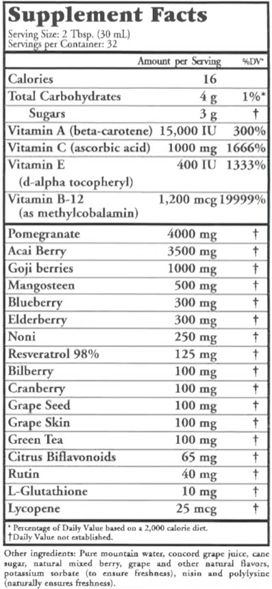 Supplement Facts chart from Buried Treasure Live Young Antioxidant product label