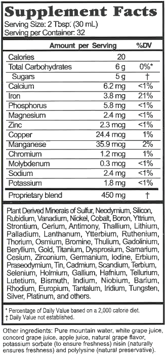 Supplement Facts chart from Buried Treasure Concord Grape Minerals product label