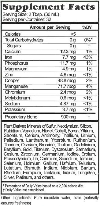 Supplement Facts chart from Buried Treasure Pure Colloidal Minerals product label