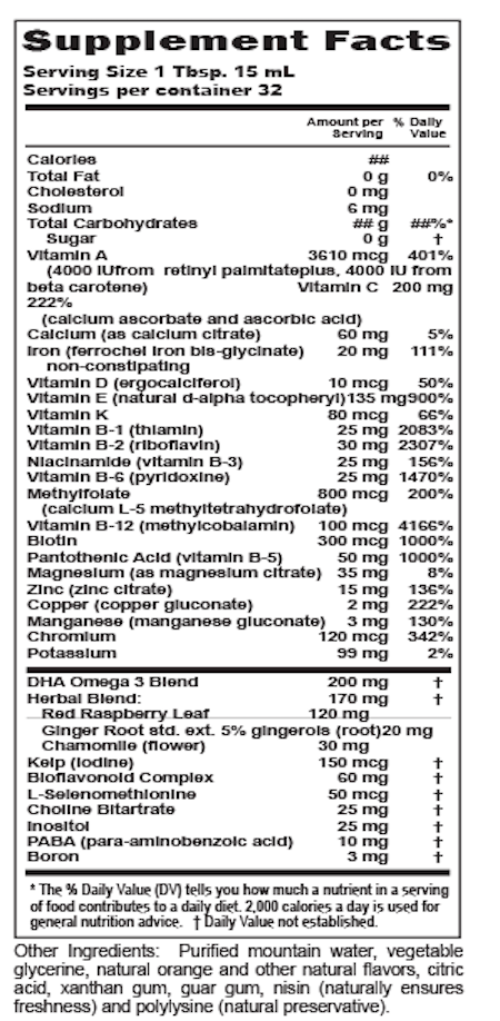 Supplement Facts chart from Buried Treasure PreNatal Plus DHA Complete product label