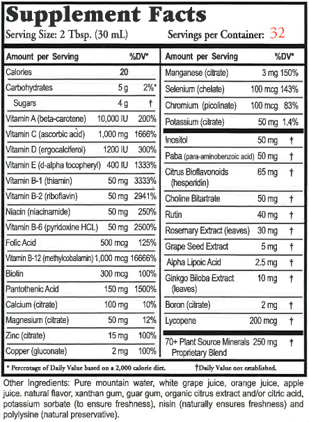 Supplement Facts chart from Buried Treasure VM 100 Daily Multi product label
