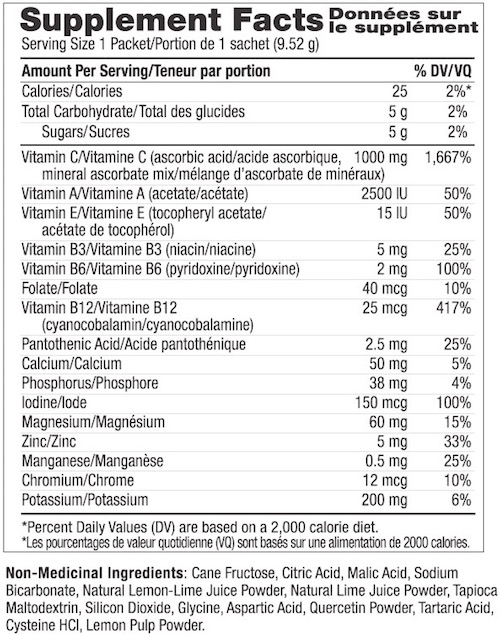 Supplement Facts chart from Ener-C Lemon Lime vitamin drink mix product label