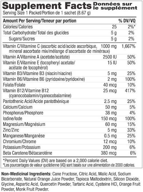 Supplement Facts chart from Ener-C Orange vitamin drink mix product label