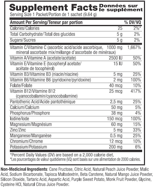 Supplement Facts chart from Ener-C Peach Mango vitamin drink mix product label