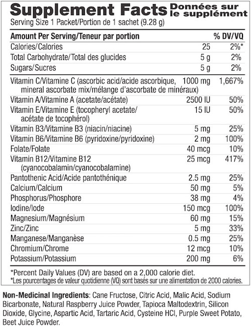 Supplement Facts chart from Ener-C Raspberry vitamin drink mix product label