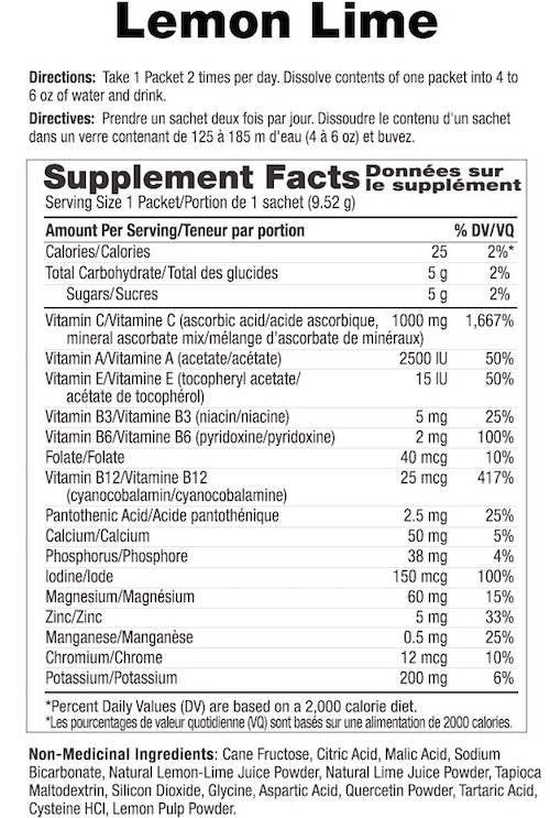 Supplement Facts chart from Ener-C Lemon Lime vitamin drink mix product label