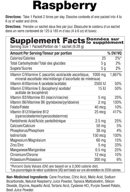 Supplement Facts chart from Ener-C Raspberry vitamin drink mix product label
