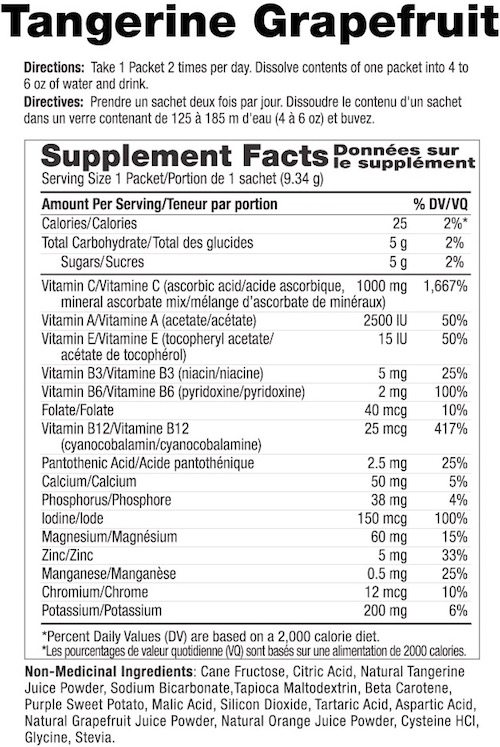 Supplement Facts chart from Ener-C Tangerine Grapefruit vitamin drink mix product label