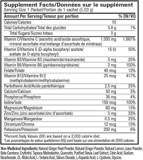 Supplement Facts chart from Ener-C Sugar Free Lemon Ginger vitamin drink mix product label