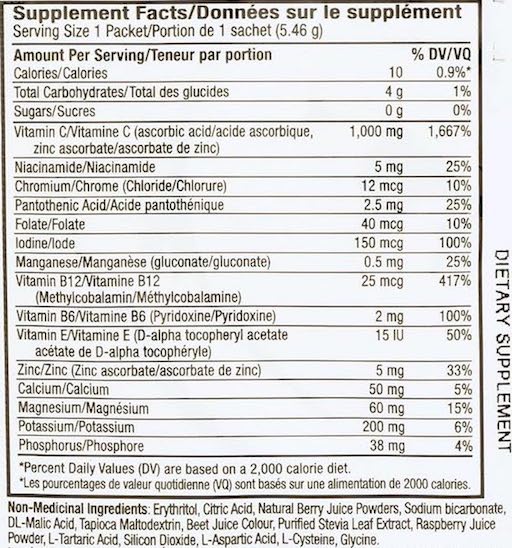 Supplement Facts chart from Ener-C Sugar Free Mixed Berry vitamin drink mix product label