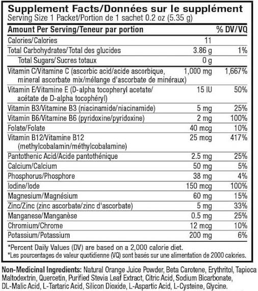 Supplement Facts chart from Ener-C Sugar Free Orange vitamin drink mix product label