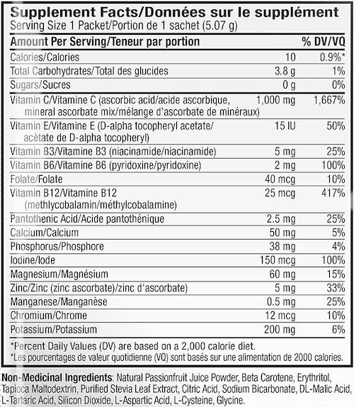 Supplement Facts chart from Ener-C Sugar Free Passionfruit vitamin drink mix product label