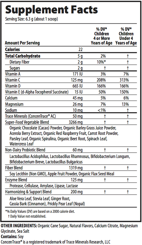 Supplement Facts chart from MacroLife Naturals Macro Coco Greens product label
