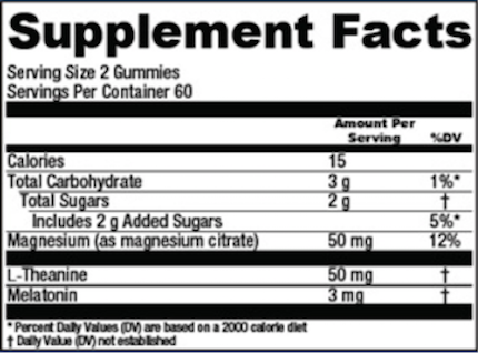 Supplement Facts chart from Natural Vitality Calm Sleep Gummies product label